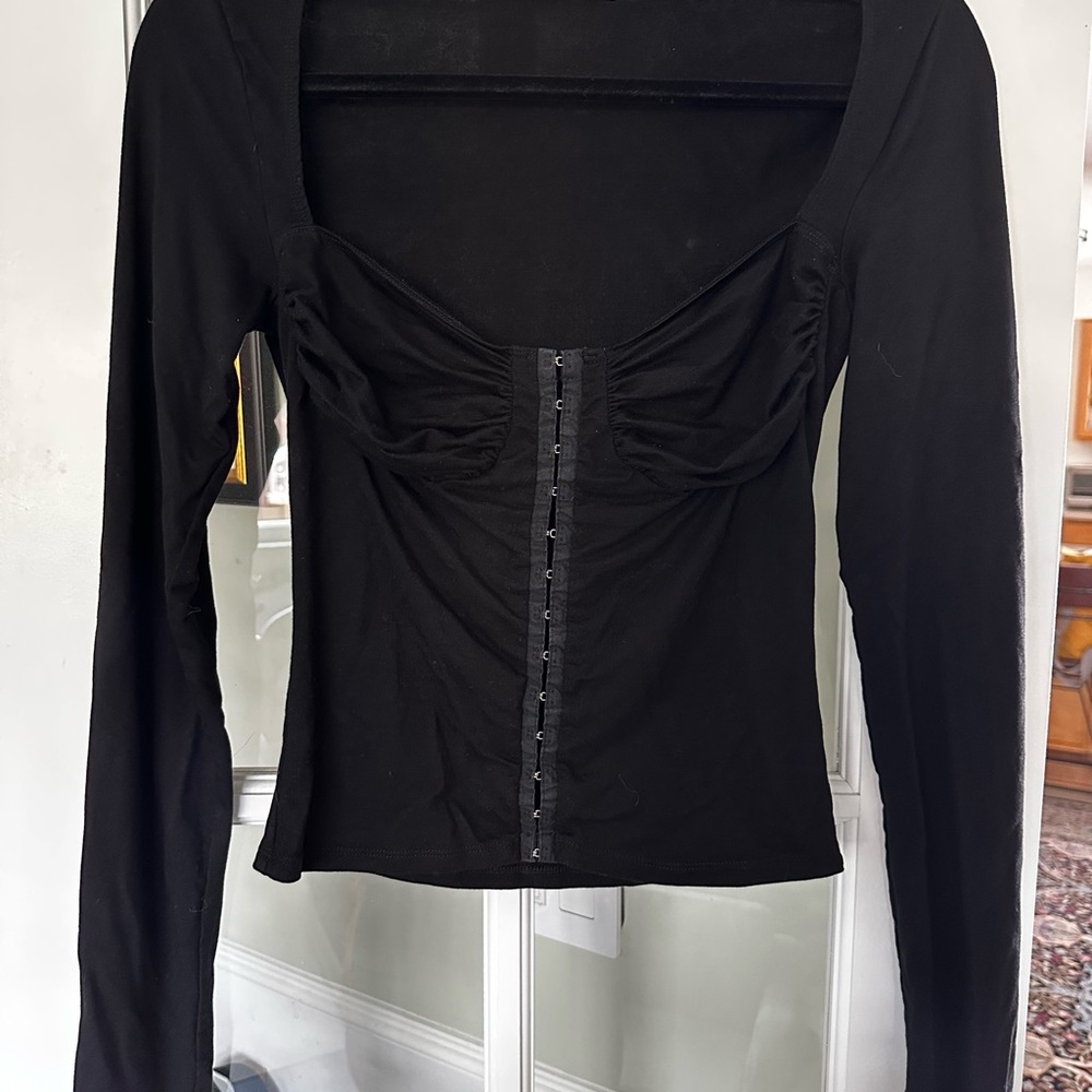 Reformation Black Ruched Long Sleeve Bodysuit